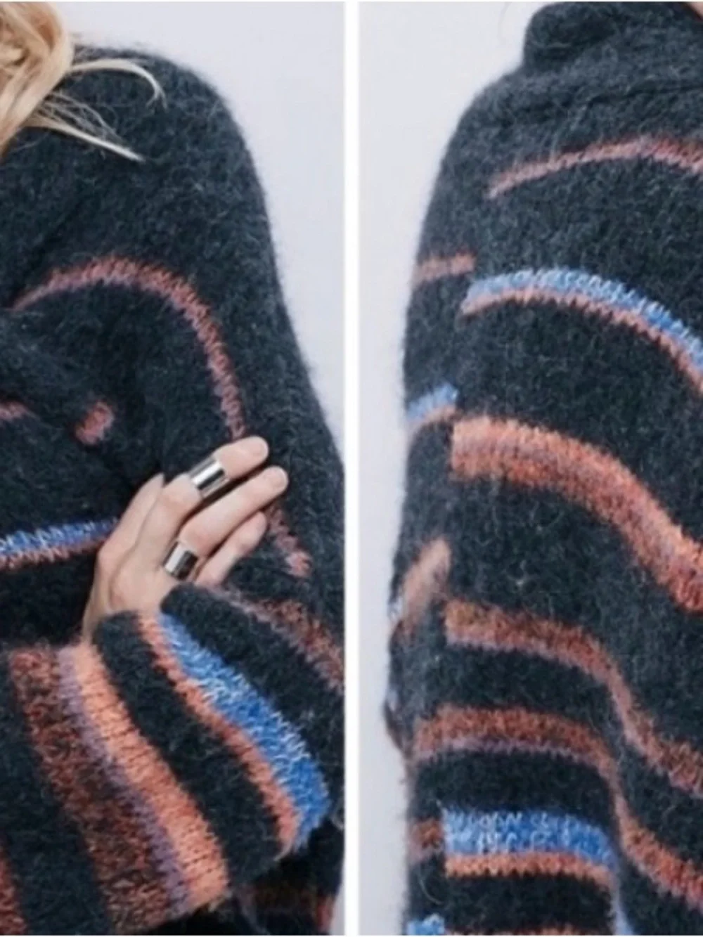 Free People vintage Charcoal Striped Open-Front Cardigan with Rust & Blue